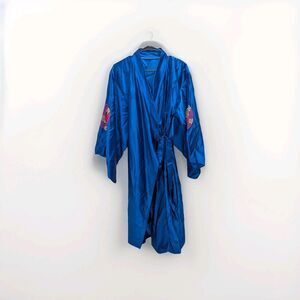 Blue Silky Kimono Robe With Red & Yellow Embroidered Rose Design